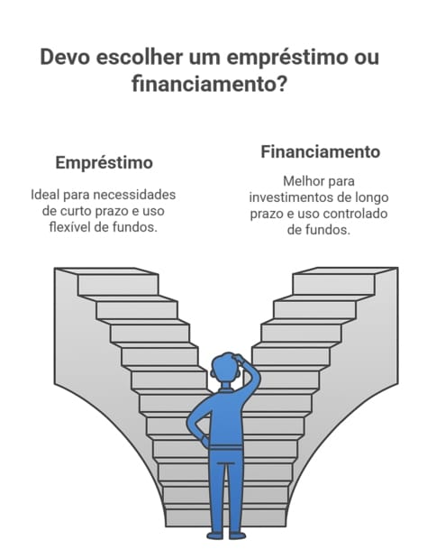 Comparativo entre empréstimo e financiamento: escolha a melhor opção para seus investimentos com dicas de uso de fundos e prazos de acordo com a necessidade.