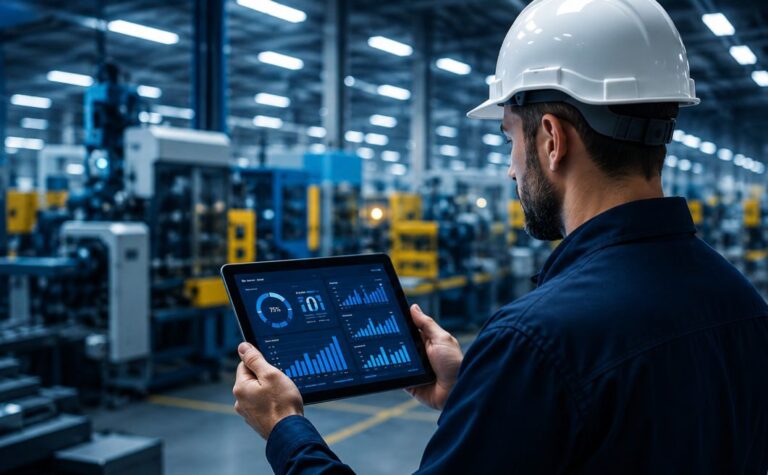 Gestão da produção industrial com monitoramento de indicadores em tempo real para aumentar a eficiência e a produtividade da fábrica.