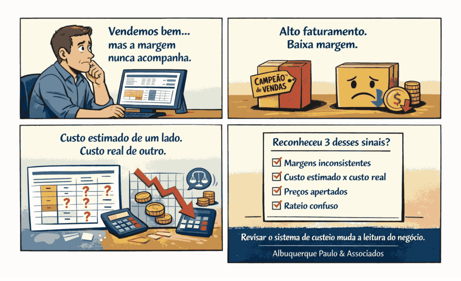 Tirinha explicativa mostrando erros de margem causados por um sistema de custeio inadequado.