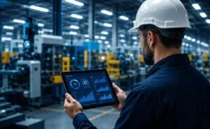 Gestão da produção industrial com monitoramento de indicadores em tempo real para aumentar a eficiência e a produtividade da fábrica.