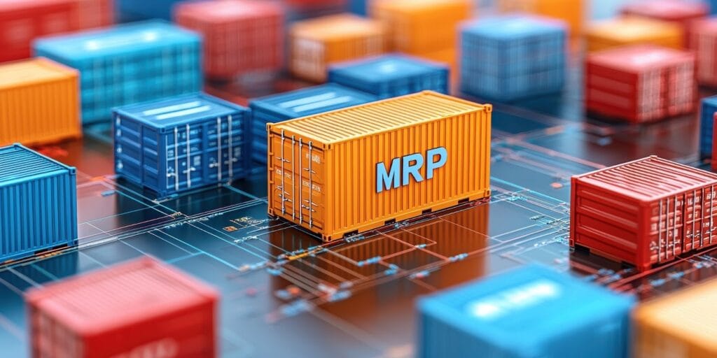 Imagem de contêineres de transporte marítimo em um sistema logístico digital, com destaque para um contêiner laranja com a sigla MRP, simbolizando gestão de recursos em logística.