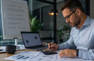 Profissional analisando relatórios financeiros e calculando o custo de oportunidade para decisões de investimento.