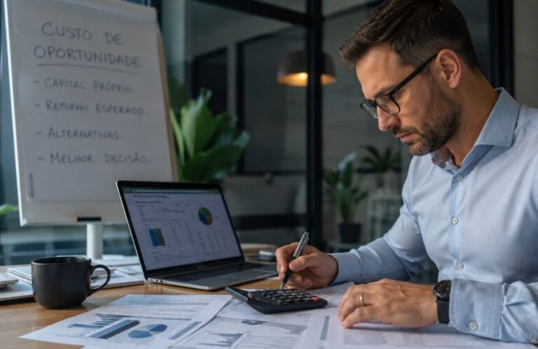 Profissional analisando relatórios financeiros e calculando o custo de oportunidade para decisões de investimento.