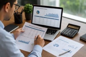 Profissional realizando análise de viabilidade econômica em indústria.