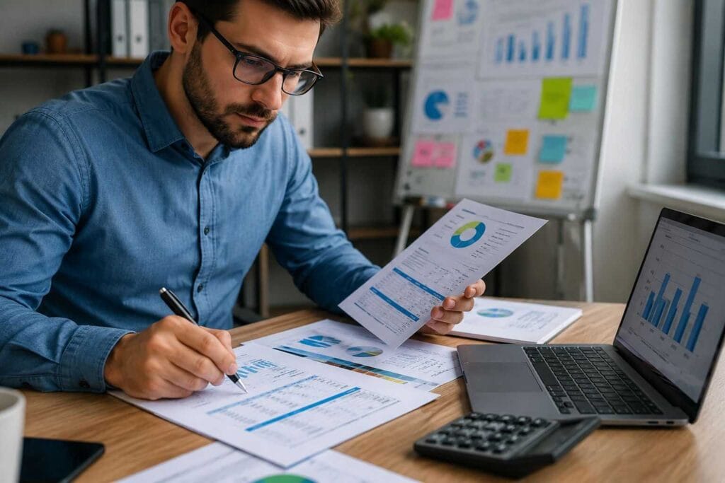 Profissional analisando planilhas e indicadores financeiros durante um estudo de viabilidade econômica.