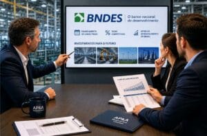 Reunião executiva sobre BNDES para grandes empresas, com análise de projeto de investimento industrial, projeções financeiras e estratégias de captação de recursos.