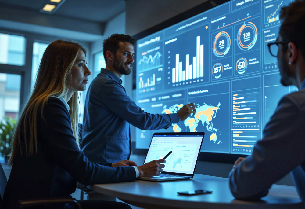 Equipes analisando dados de negócios em uma sala de reunião com telas digitais mostrando gráficos e mapas mundiais.