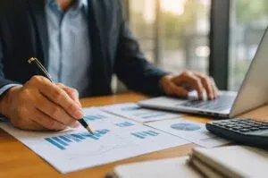 Profissional analisando relatórios financeiros e indicadores durante gestão estratégica de custos industriais.