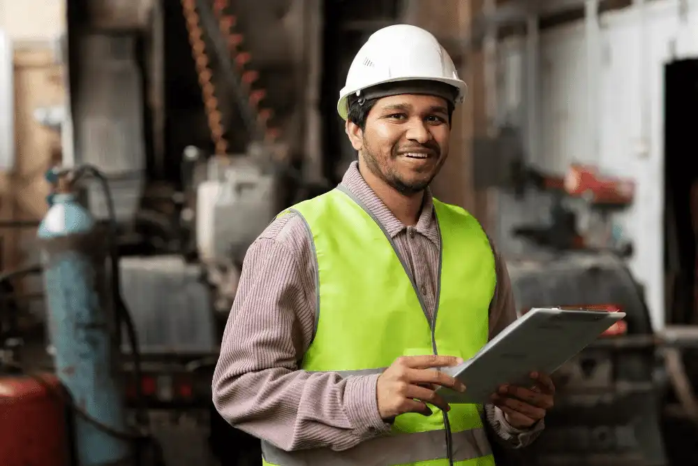 Homem trabalhador usando capacete de segurança e colete refletivo em ambiente industrial, segurando uma prancheta e sorrindo, representando segurança no trabalho.