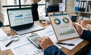 Especialista em mesa de escritório realizando consultoria de gestão financeira com gráficos, notebook e calculadora.