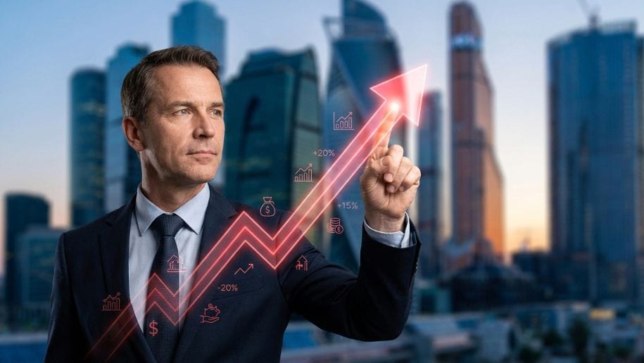 Homem de terno apontando para um gráfico de crescimento financeiro com ícones e porcentagens, representando consultoria de gestão financeira