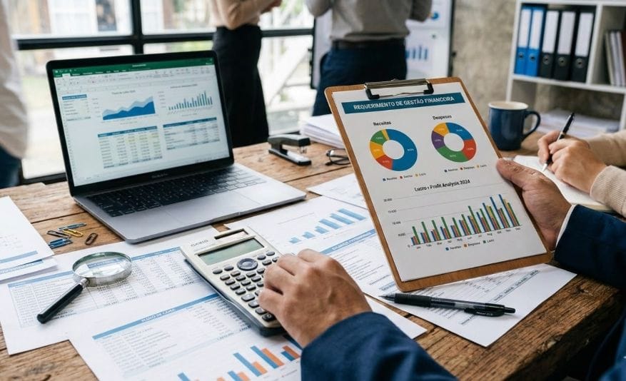Especialista em mesa de escritório realizando consultoria de gestão financeira com gráficos, notebook e calculadora.