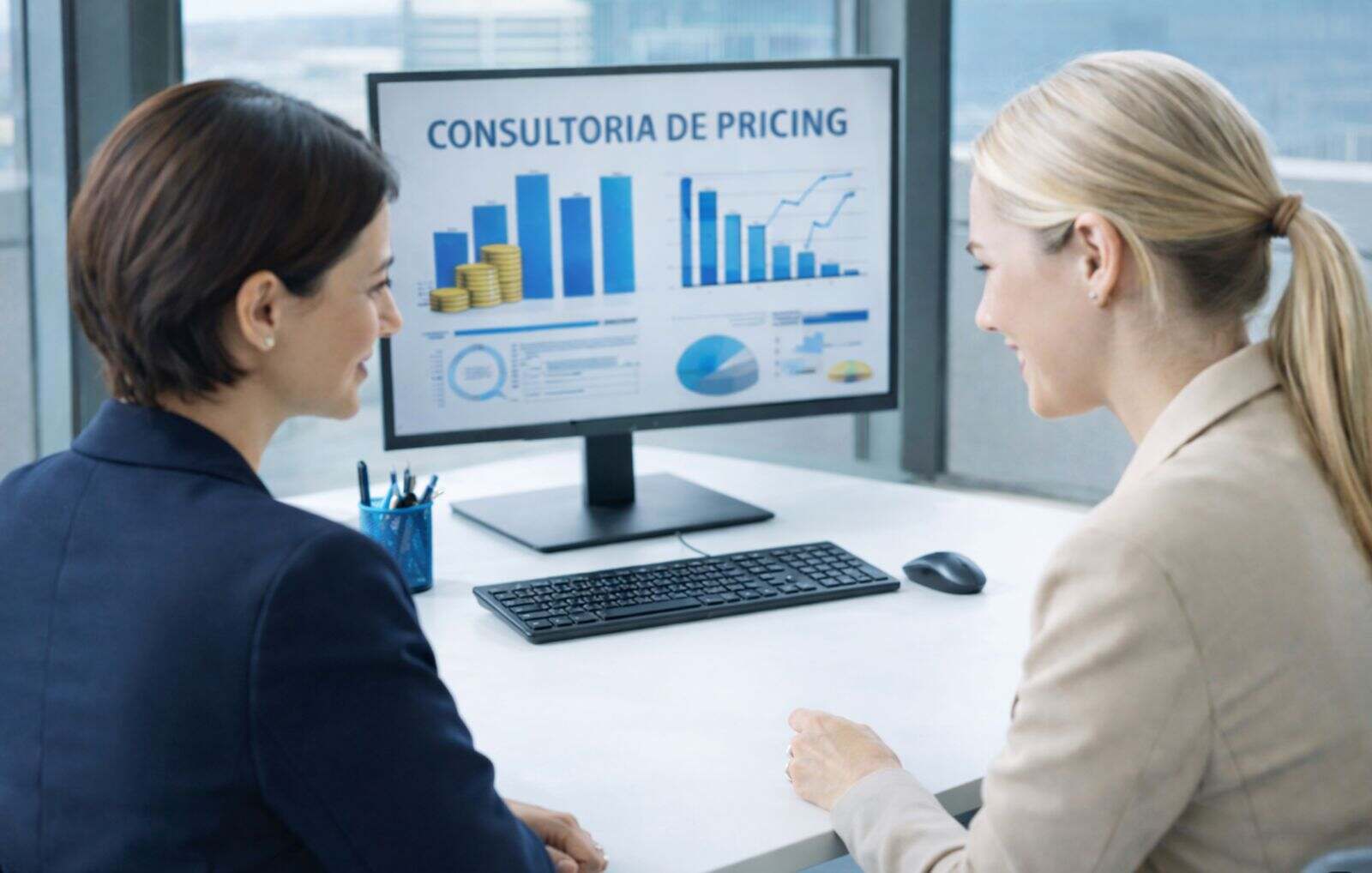 Duas consultoras analisando gráficos financeiros em um computador durante reunião de consultoria de pricing.