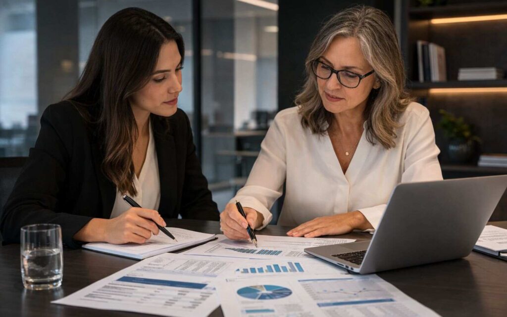 duas mulheres em escritório realizando consultoria em projetos industriais.
