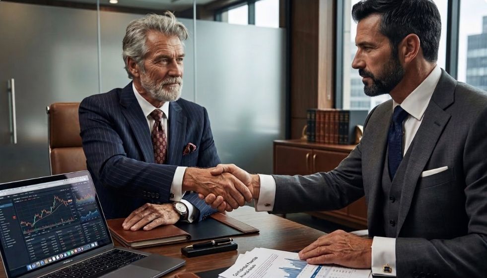 Executivos apertando as mãos após reunião de consultoria de pricing, com gráficos financeiros exibidos em um laptop sobre a mesa.