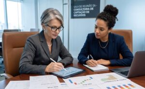 Consultoras em um escritório analisam relatórios para uma consultoria em projetos industriais.