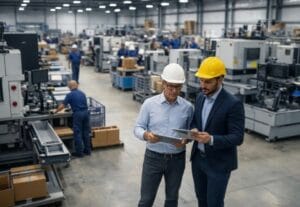 consultoria de chão de fábrica analisando produção industrial em fábrica moderna.