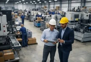 consultoria de chão de fábrica analisando produção industrial em fábrica moderna.