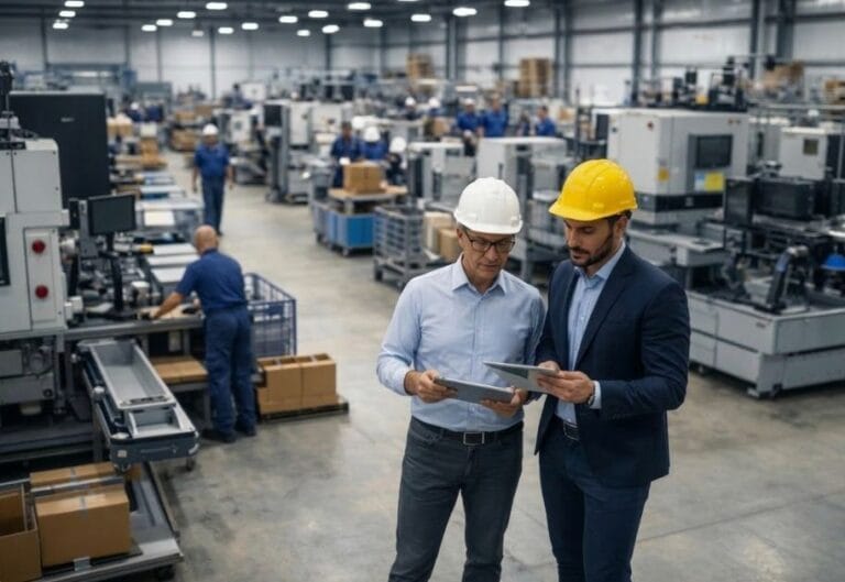 consultoria de chão de fábrica analisando produção industrial em fábrica moderna.