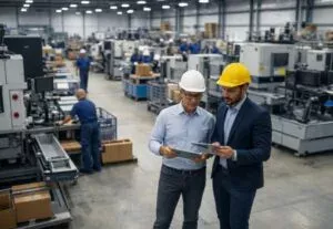 consultoria de chão de fábrica analisando produção industrial em fábrica moderna.