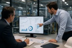 Consultoria em gestão de processos com especialistas analisando indicadores de desempenho, produtividade e eficiência operacional