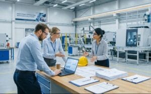 Consultoria industrial com especialistas analisando indicadores em fábrica moderna.