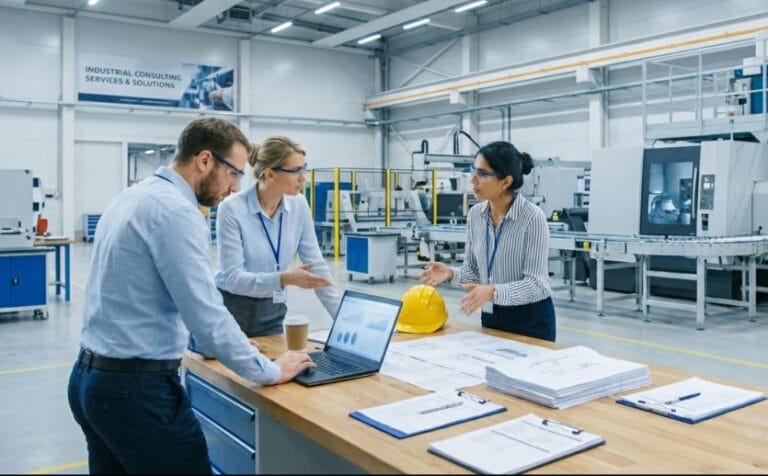 Consultoria industrial com especialistas analisando indicadores em fábrica moderna.