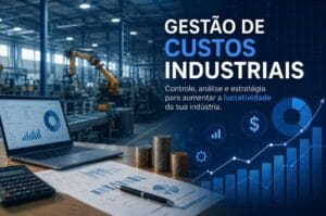 Ilustração de gestão de custos industriais com indicadores financeiros, gráficos de desempenho e ambiente fabril automatizado.