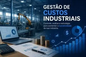 Ilustração de gestão de custos industriais com indicadores financeiros, gráficos de desempenho e ambiente fabril automatizado.