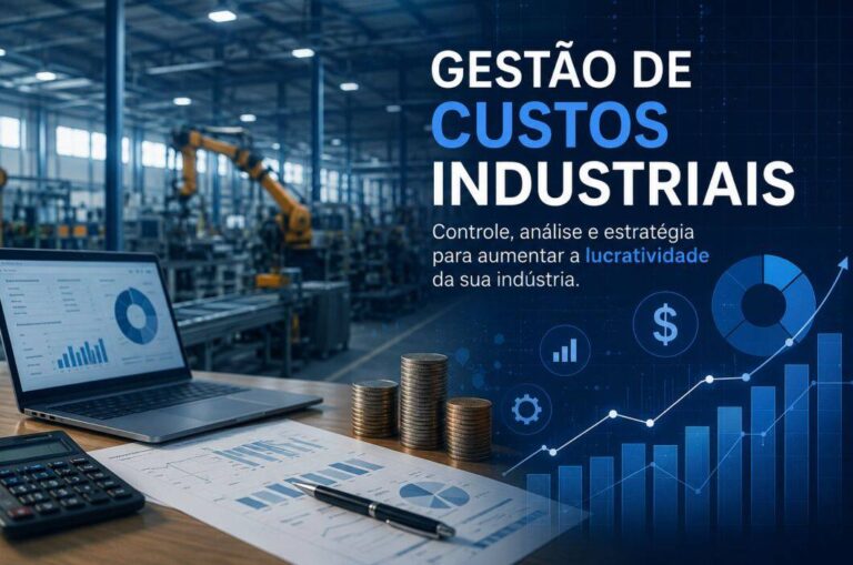 Ilustração de gestão de custos industriais com indicadores financeiros, gráficos de desempenho e ambiente fabril automatizado.