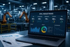 Dashboard de KPIs industriais exibido em notebook dentro de ambiente fabril