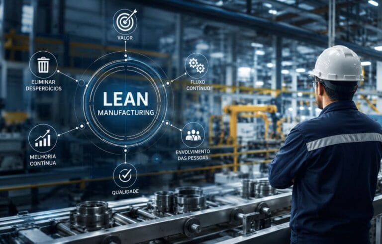 Engenheiro ou supervisor de capacete branco observa uma linha de produção industrial moderna. Sobre a imagem, há um gráfico digital interativo destacando o conceito de Lean Manufacturing e seus pilares principais conectados: valor, fluxo contínuo, envolvimento das pessoas, qualidade, melhoria contínua e eliminar desperdícios.