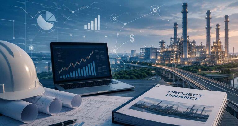 Projeto industrial financiado por project finance com infraestrutura, gráficos financeiros e planejamento estratégico de investimentos.