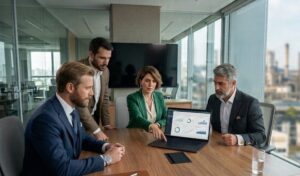 Executivos analisam dados financeiros em uma reunião sobre aporte de capital.