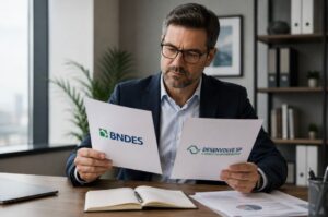 Empresário analisando opções de captação de recursos entre BNDES ou Desenvolve SP.