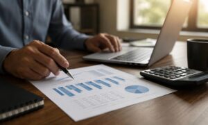 Profissional analisando receita operacional em relatório financeiro com gráficos e calculadora.